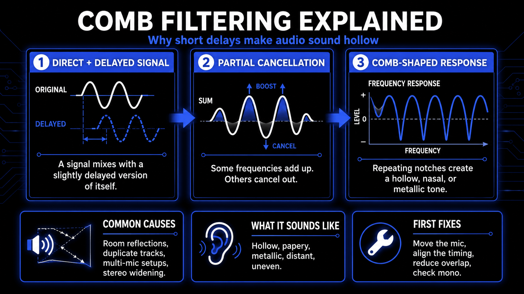 A frequency response graph demonstrating the 'teeth' of comb filtering.