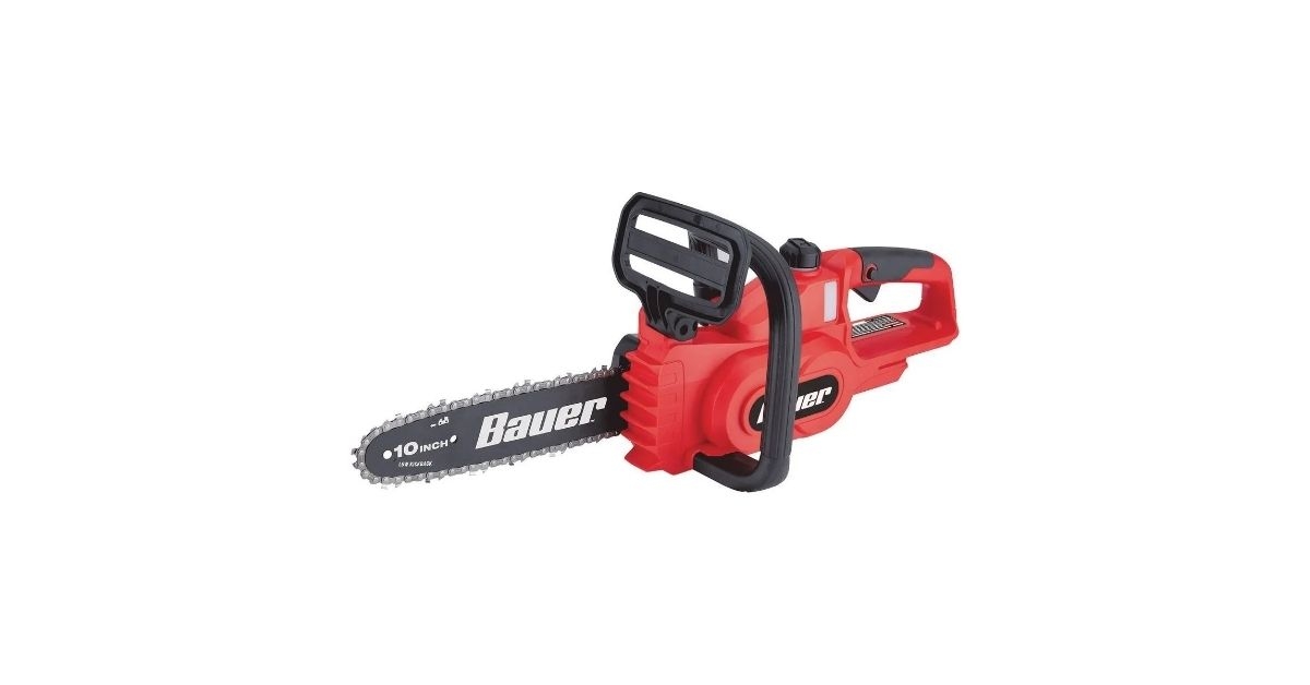 Bauer 20V cordless 10-inch chainsaw with battery pack.
