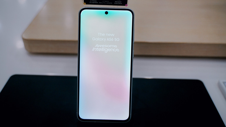 The Samsung Galaxy A56 displayed on a retail shelf.
