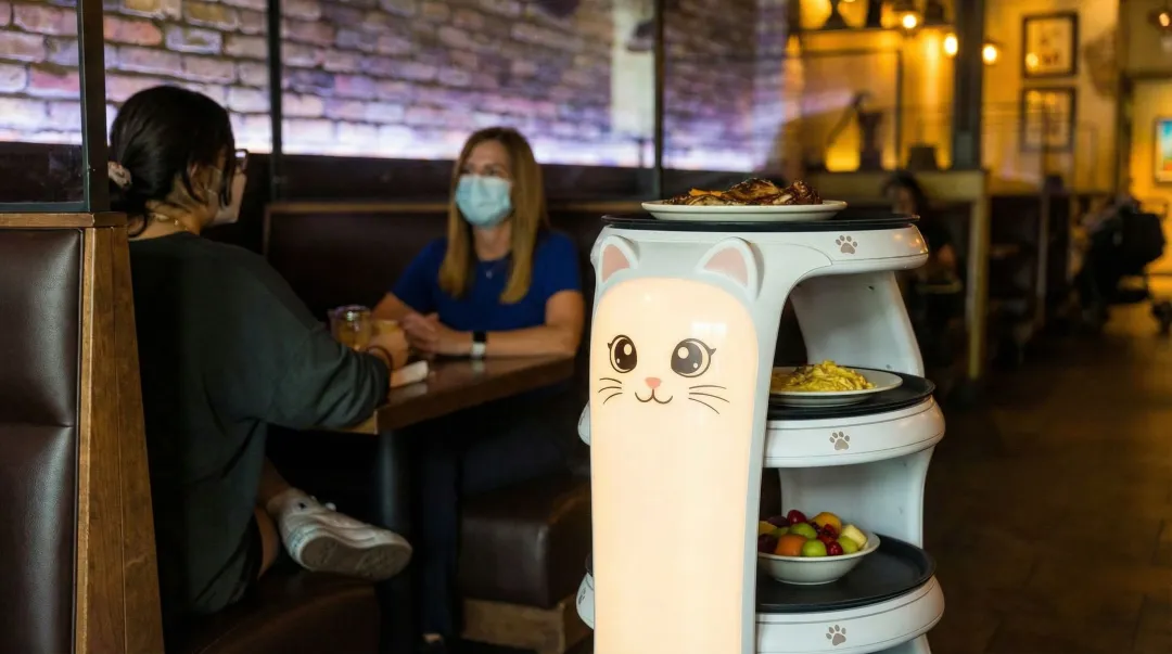 BellaBot delivery robot with a digital cat-face display serving in a restaurant.