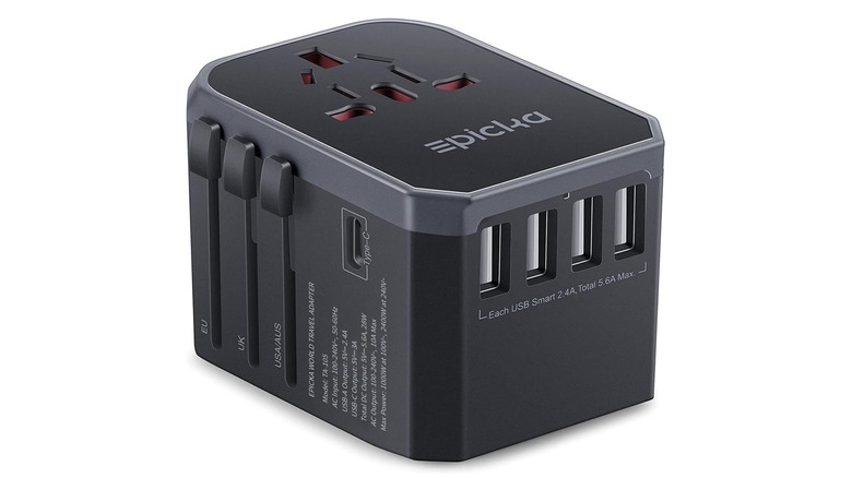 The Epicka TA-105 universal travel adapter with multiple ports against a clean background.