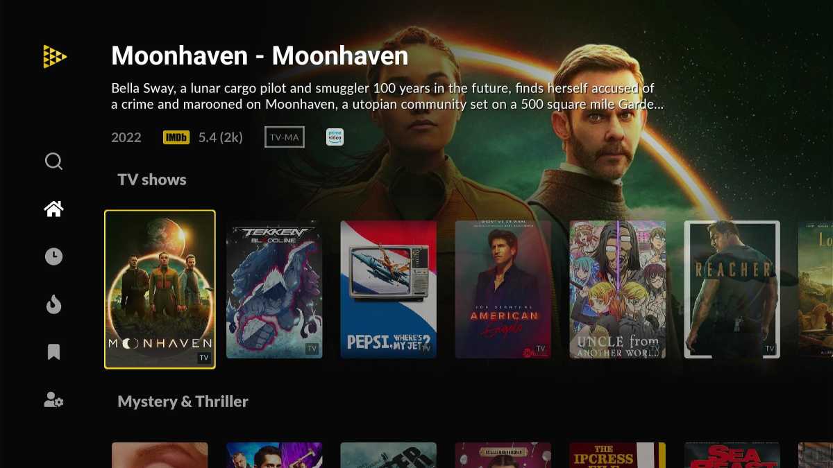 The JustWatch application interface displayed on a large screen, showing movie posters and streaming availability icons.