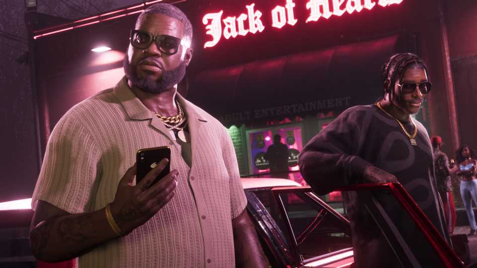 Highly detailed close-up press image of GTA VI characters in a high-stakes environment.