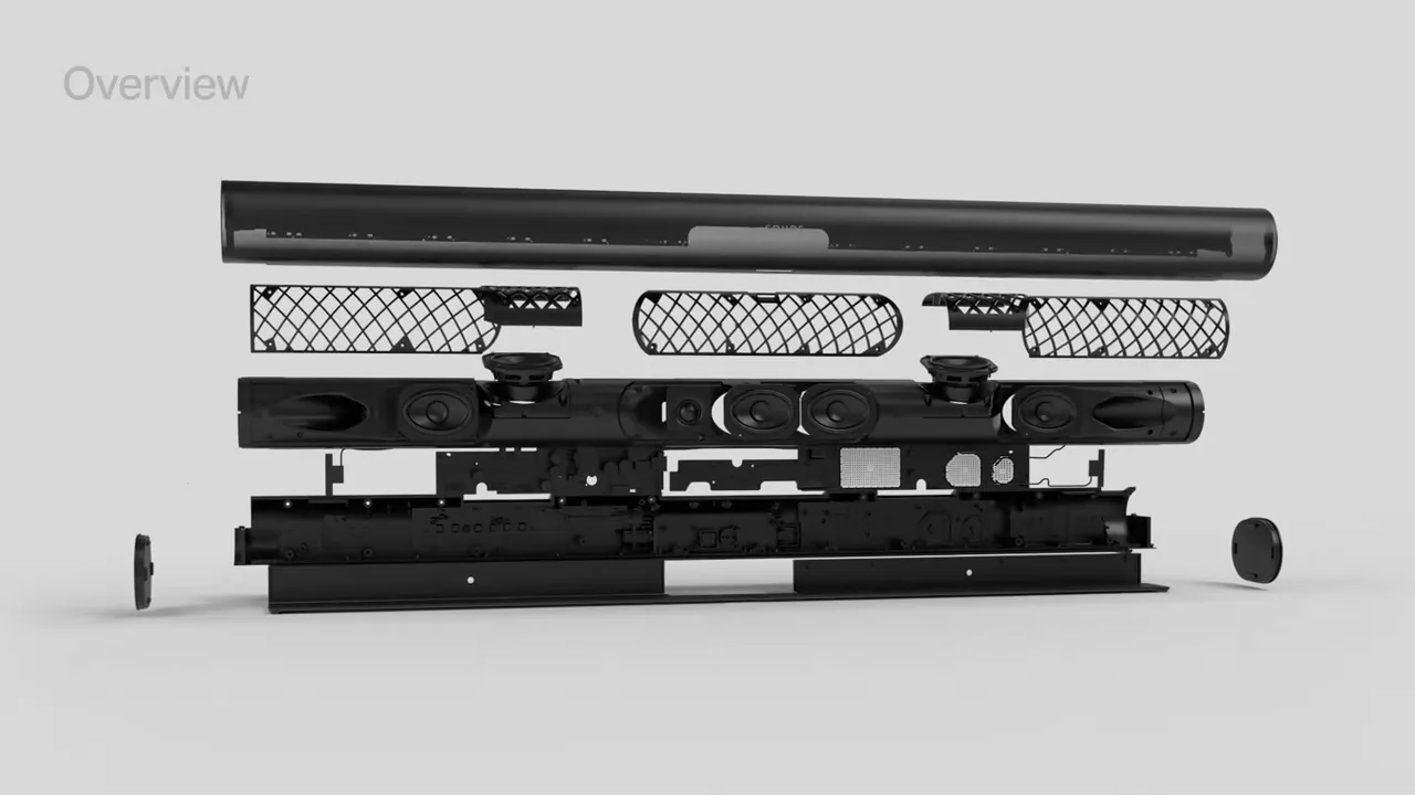 Internal view of a soundbar showing the arrangement of multiple speaker drivers and tweeters.
