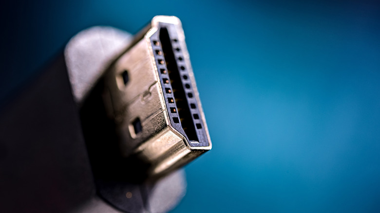 Macro shot of a high-speed HDMI cable connector.
