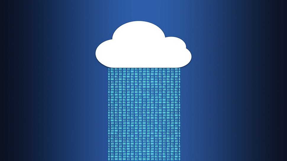 A simple graphic illustration of a white cloud and digital data icons on a blue background.