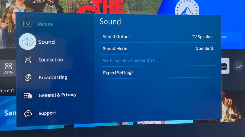 A Samsung smart TV screen showing the Sound settings menu with 'Sound Mode' set to 'Standard'.