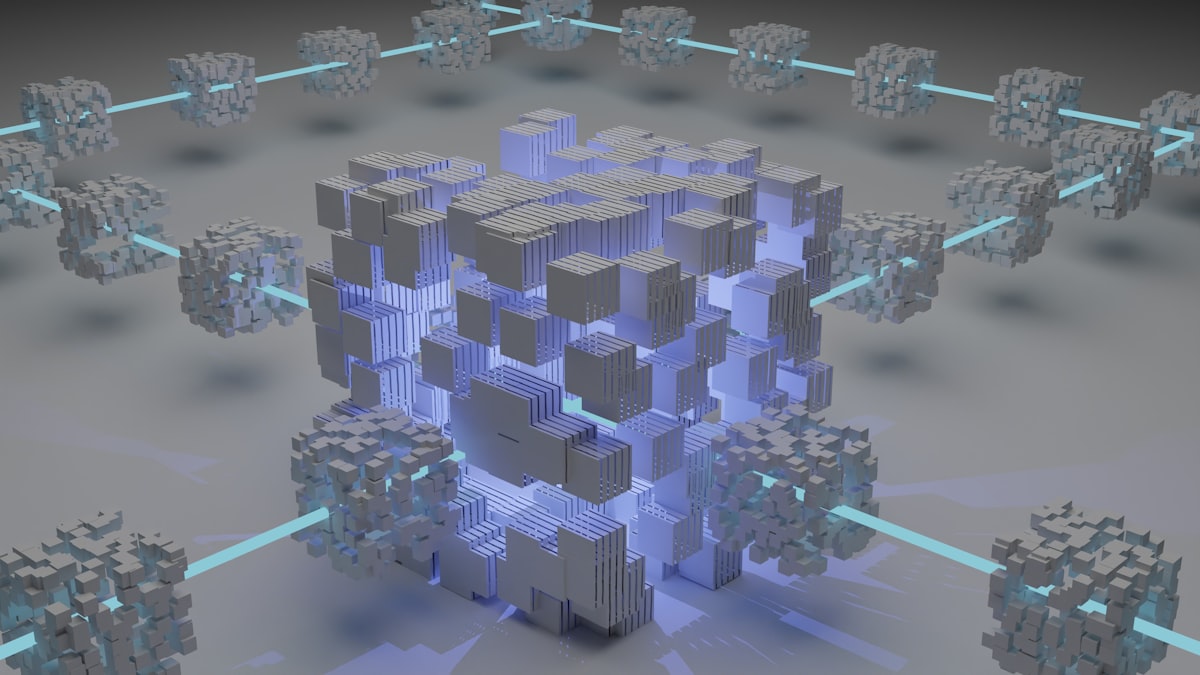 A blue digital representation of a blockchain network with interconnected nodes and transaction symbols.