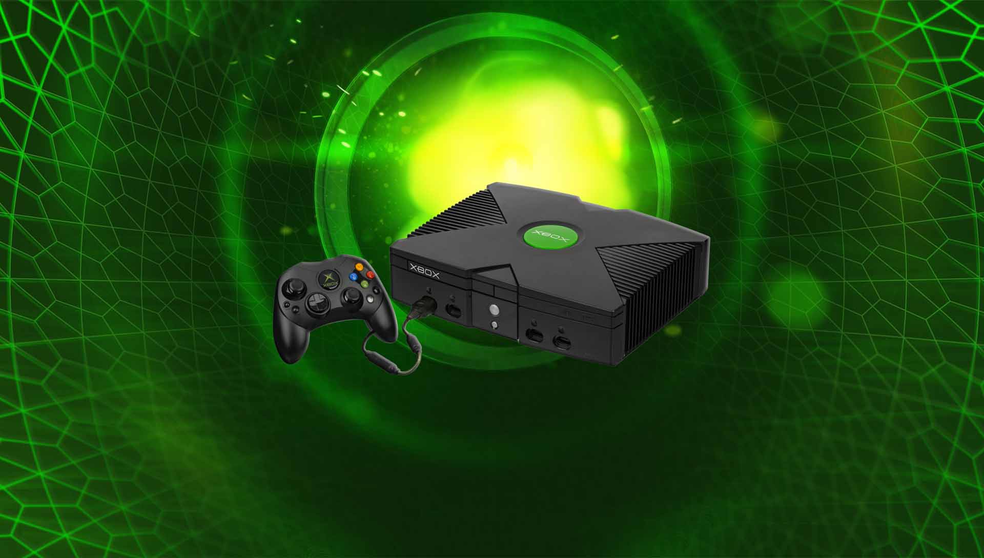 The original black Microsoft Xbox console with its large 'Duke' controller.