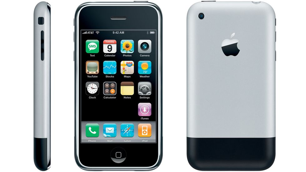 The original 2007 Apple iPhone model showing its revolutionary touch interface.