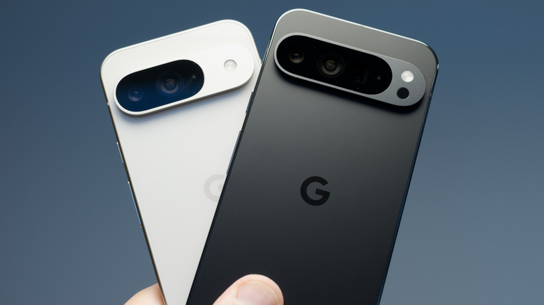Google Pixel 9 and Pixel 9 Pro XL smartphones placed side-by-side on a flat surface.
