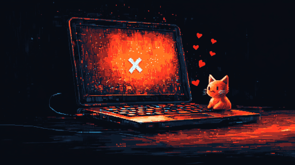 8-bit pixel art illustration of a laptop with a highlighted broken power button.