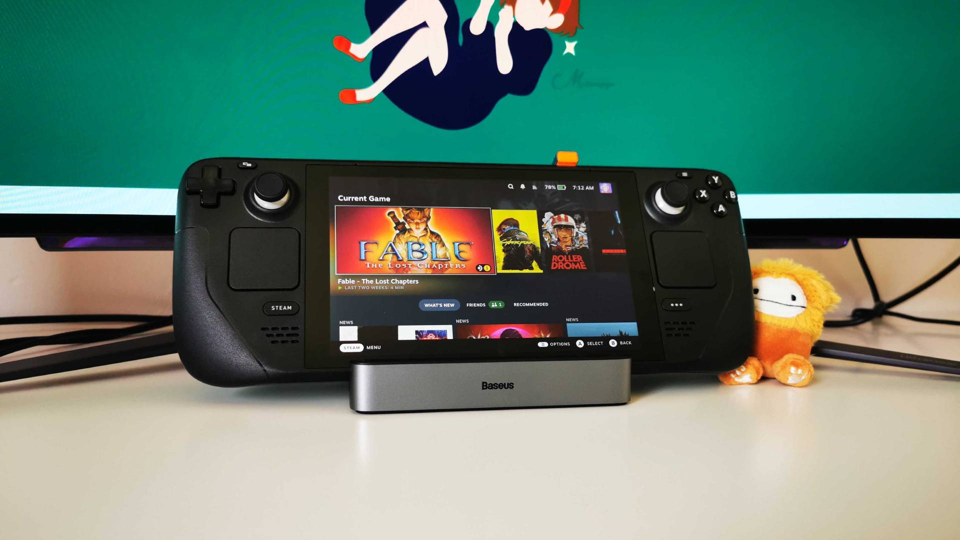 A Baseus 6-in-1 docking station connected to a Steam Deck and an external monitor.