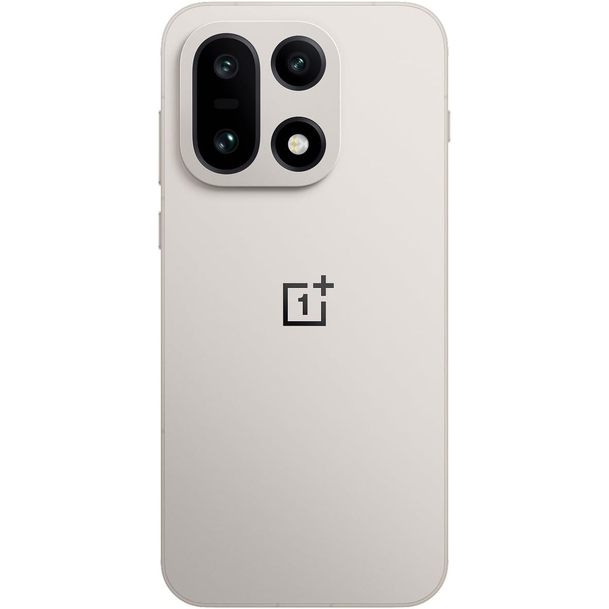 Rear view of the OnePlus 15 in a textured Sand Storm finish with a circular camera housing.