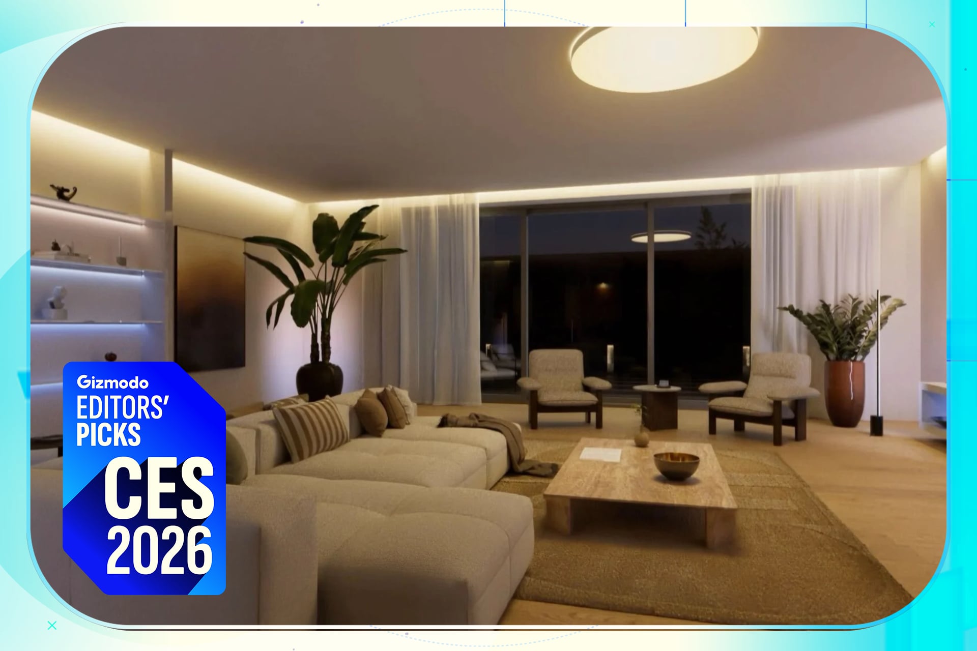 A living room showing Philips Hue lighting synchronized with a sunset-themed spatial scene.