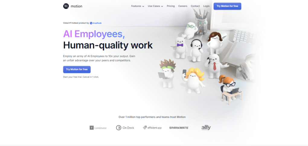 The Motion app user interface showing a unified view of tasks, projects, and calendar events.