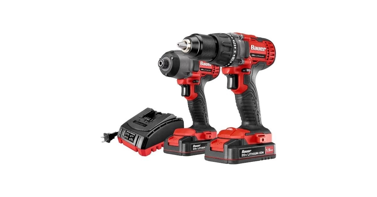 Bauer 20V cordless drill and impact driver kit including two batteries and a charger.