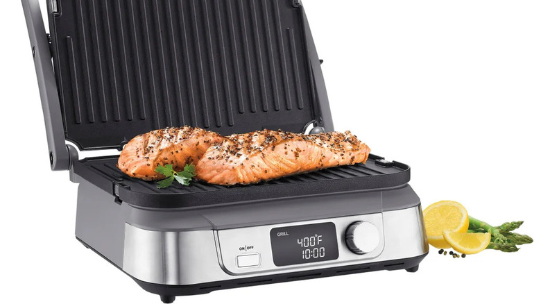 Cuisinart Digital Griddler plates grilling two thick salmon fillets.
