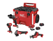 A Milwaukee M18 cordless power tool combo kit including a drill and circular saw.
