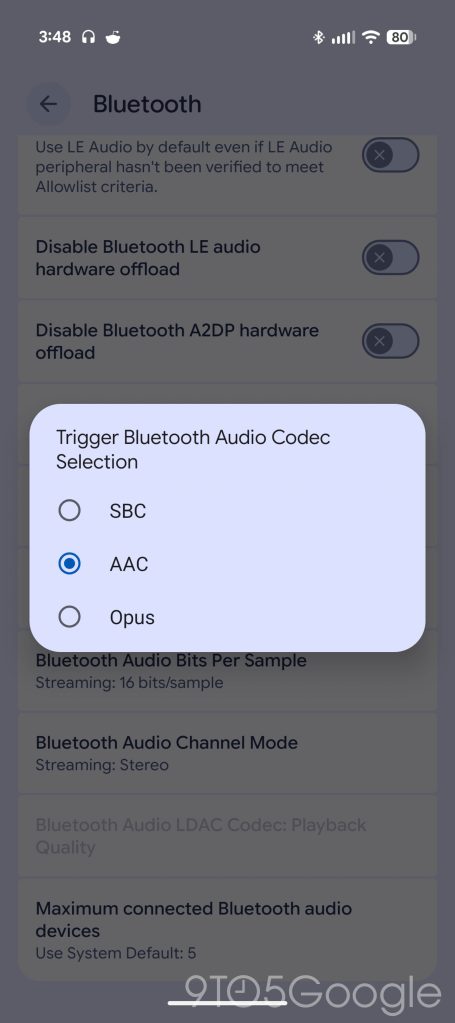 A screenshot of the Android 17 Bluetooth settings menu displaying various high-definition audio codec options.