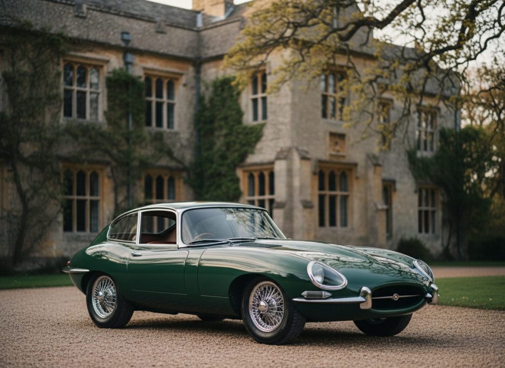 A red Jaguar E-Type Series 1 roadster with chrome accents.