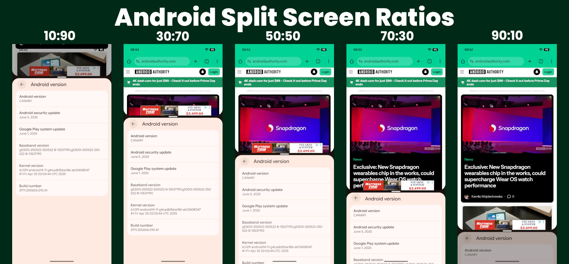 A smartphone screen demonstrating the new 90:10 split-screen multitasking ratio in Android 16.