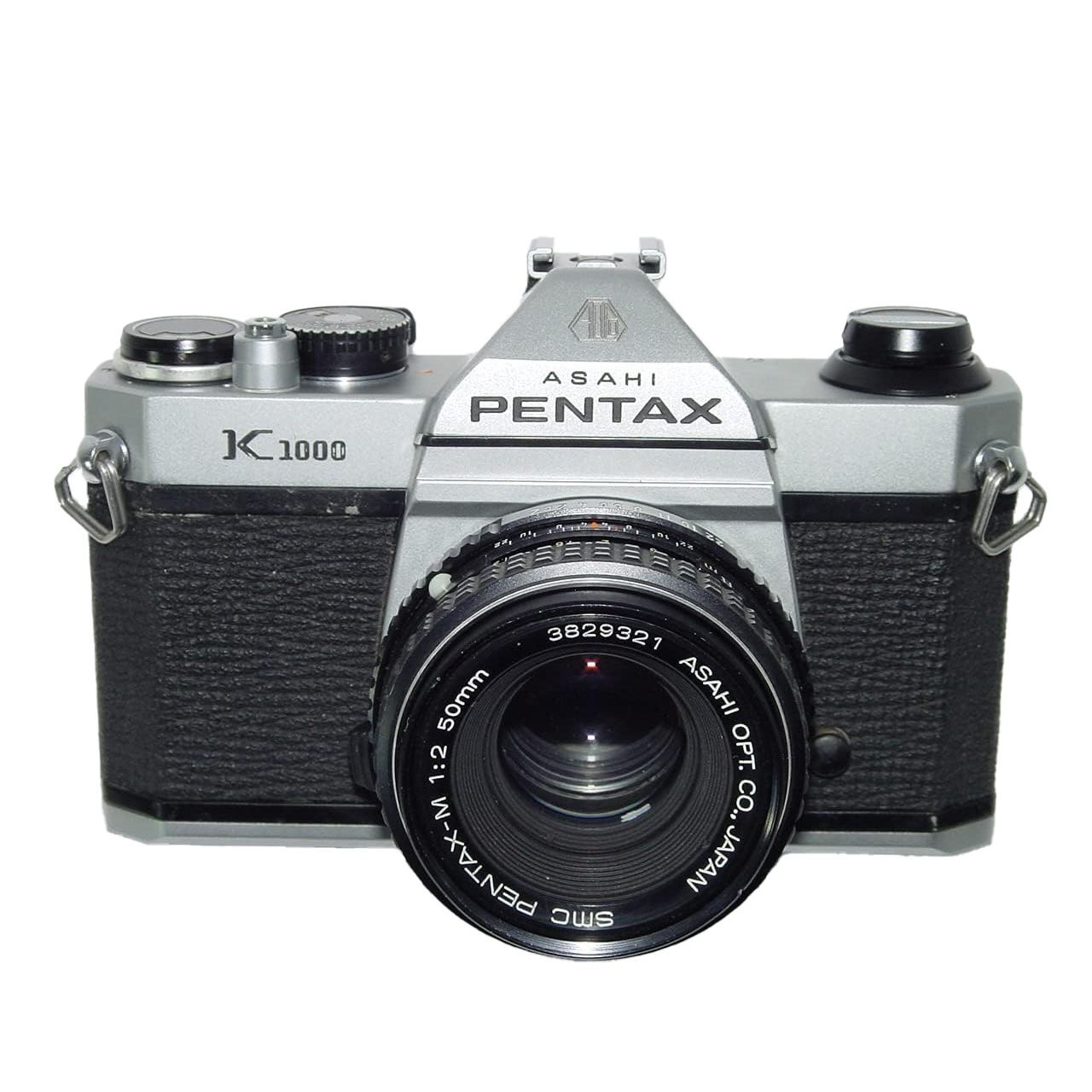 Front view of a classic Pentax K1000 all-mechanical film camera, a popular choice for digital conversion.
