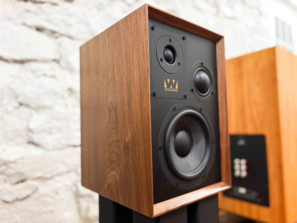 Front view of Wharfedale Super Denton three-way monitor speakers with the grilles removed.