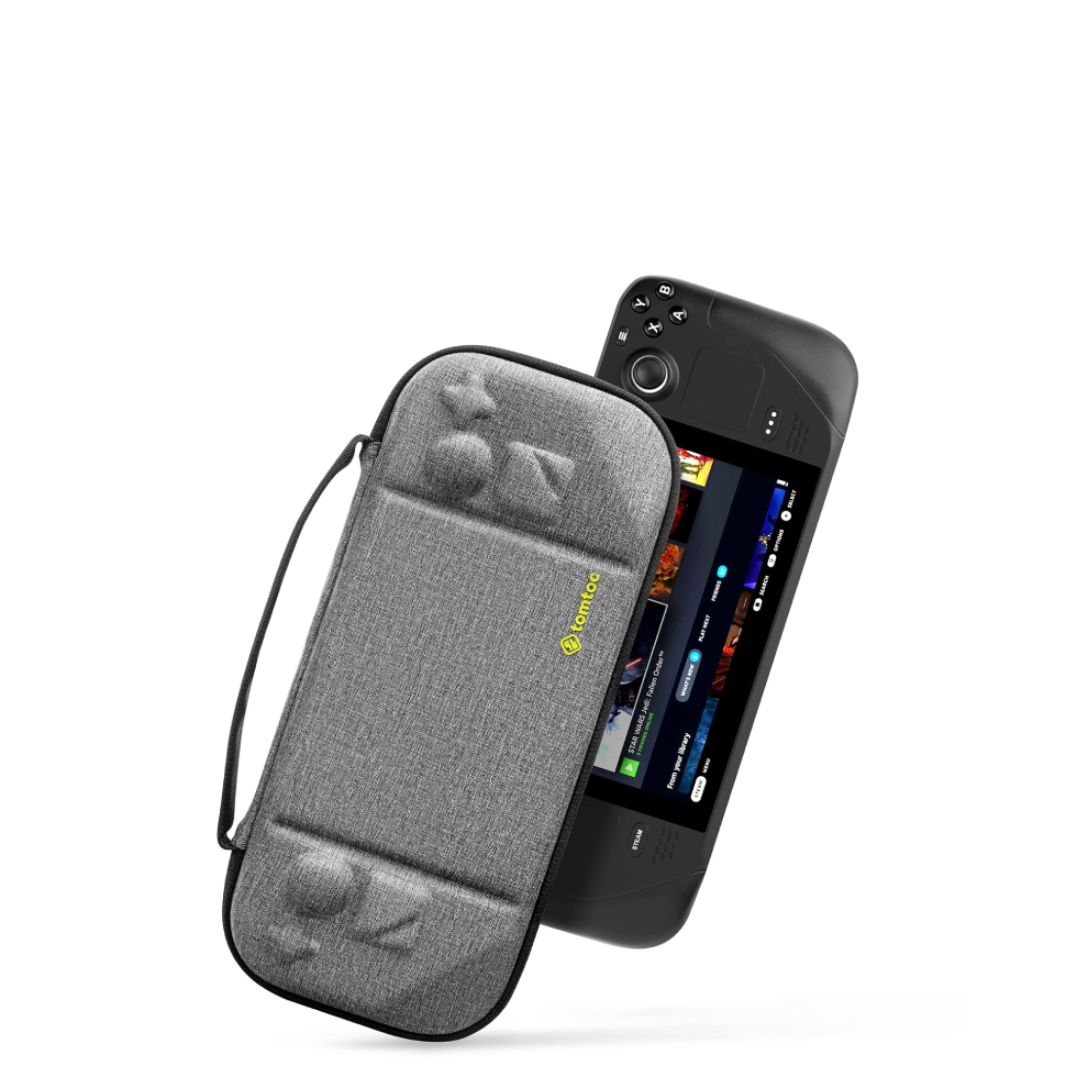 A slim gray Tomtoc carrying case designed for the Steam Deck.