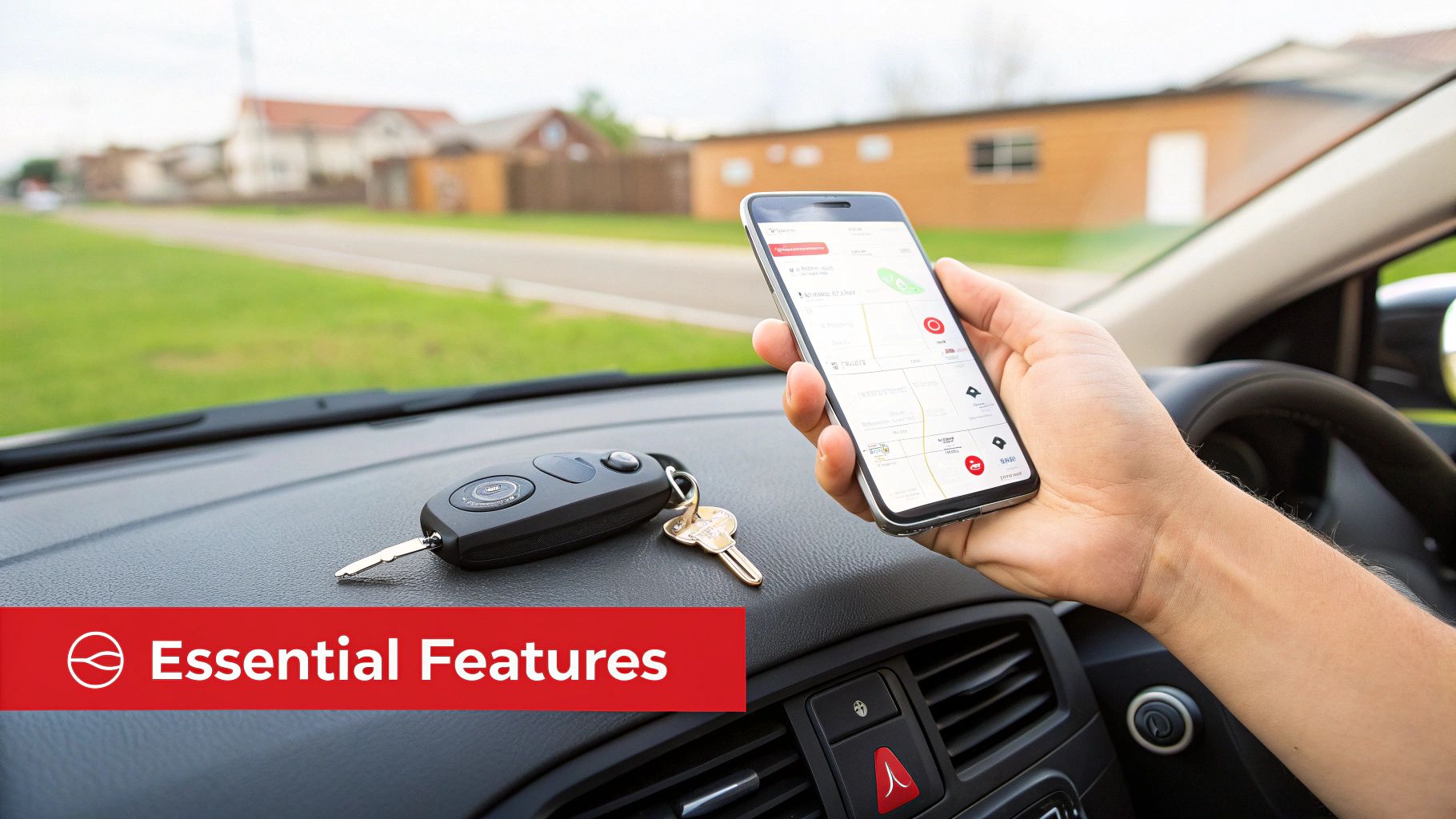 A hand holding a smartphone displaying a car's GPS location and security status.