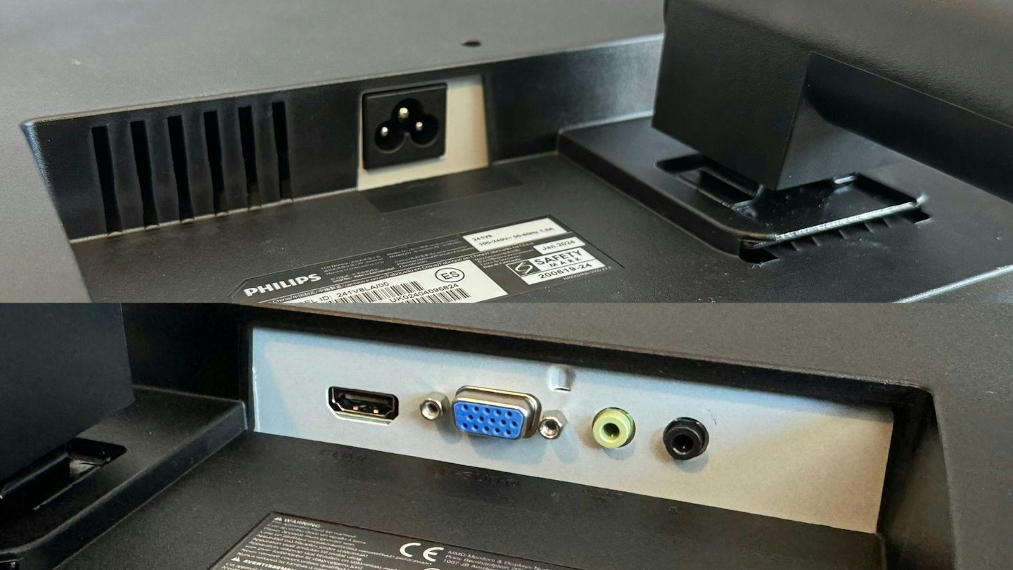 Close-up of the back of a monitor showing HDMI, DisplayPort, and USB hub connectivity options.