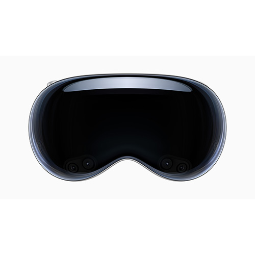 Front view of the Apple Vision Pro headset with its curved glass design.