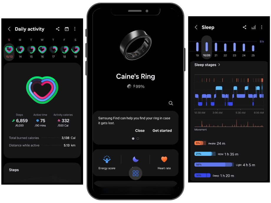 Mobile screenshots of the Samsung Health app displaying sleep data and Energy Score metrics.