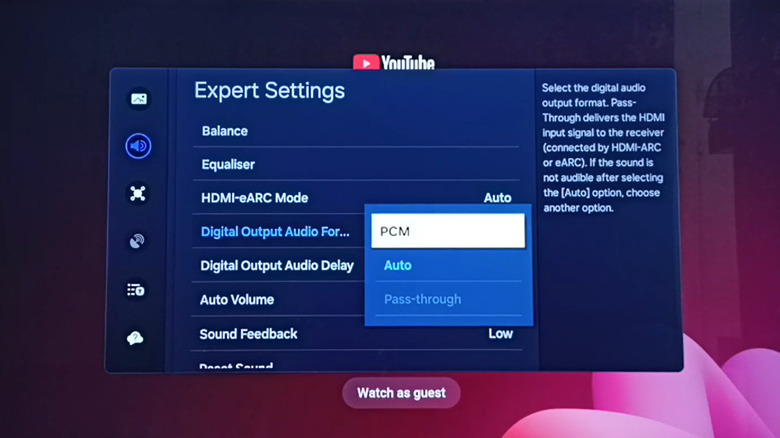 Selection screen on a smart TV showing the 'Digital Output Audio Format' being changed to PCM.