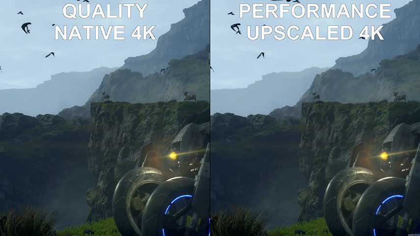 Comparison of fine detail in a texture between native and upscaled 4K modes.