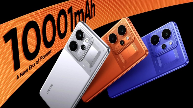 The Realme P4 Power smartphone shown in various color options.