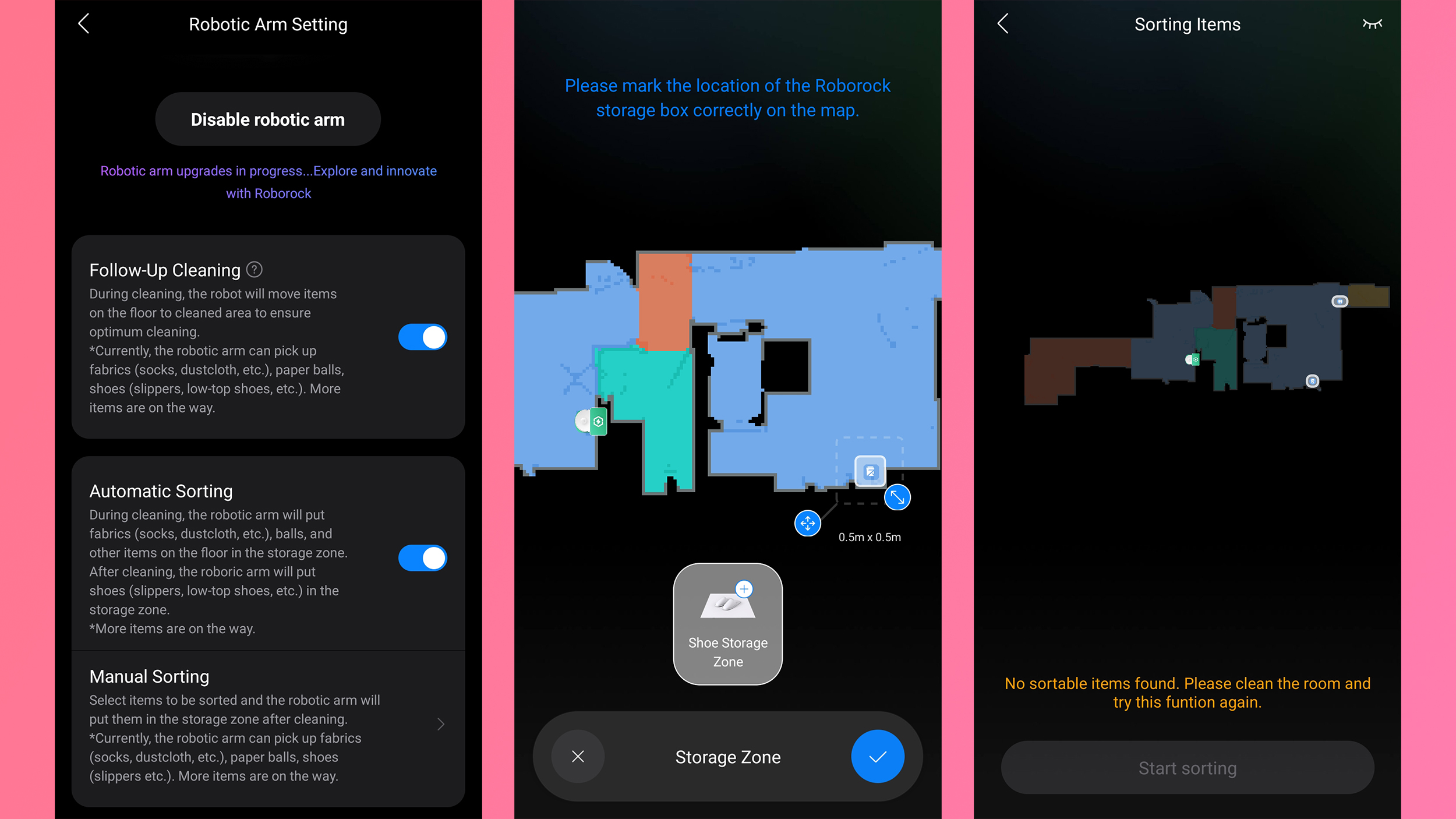 A series of screenshots from the Roborock app showing map layouts and cleaning settings.