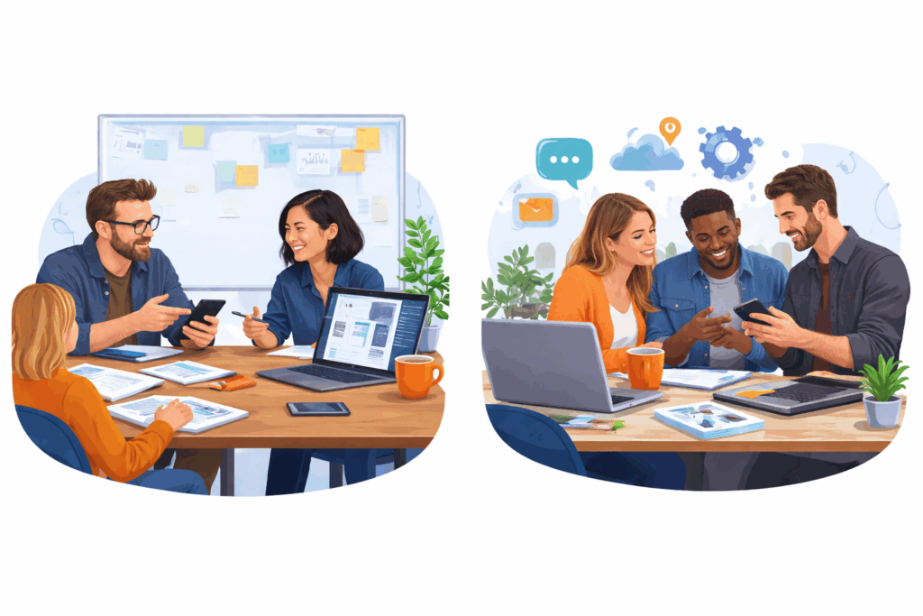 Corporate strategy graphic illustrating alignment with mobile application development trends.