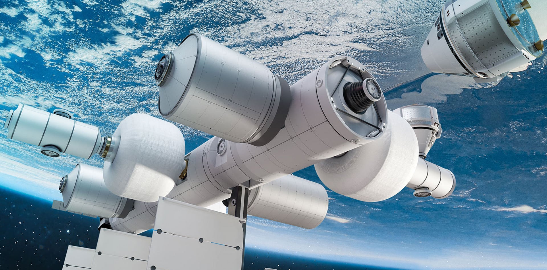 Conceptual artwork of the Orbital Reef space station with large windows and docked spacecraft.