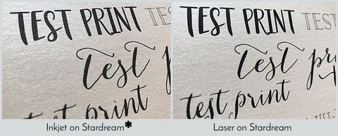Comparison of inkjet and laser printing results on shimmering pearlescent cardstock.