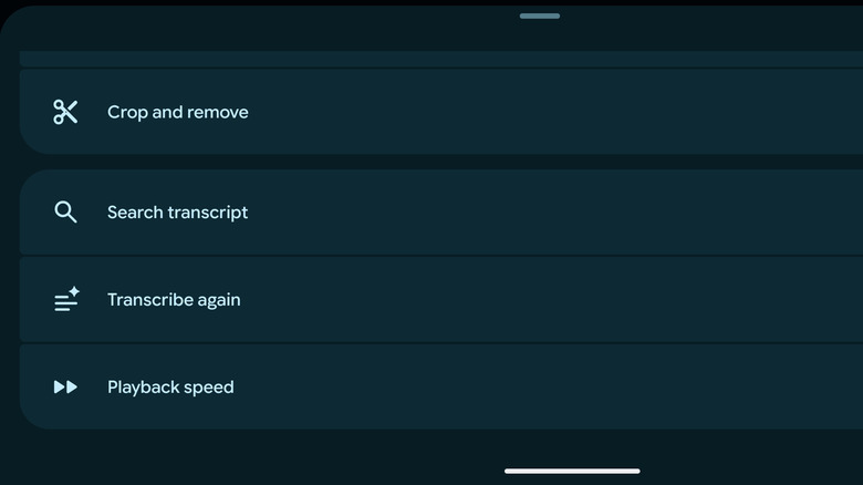 Recorder app settings menu focusing on the Transcribe Again option.