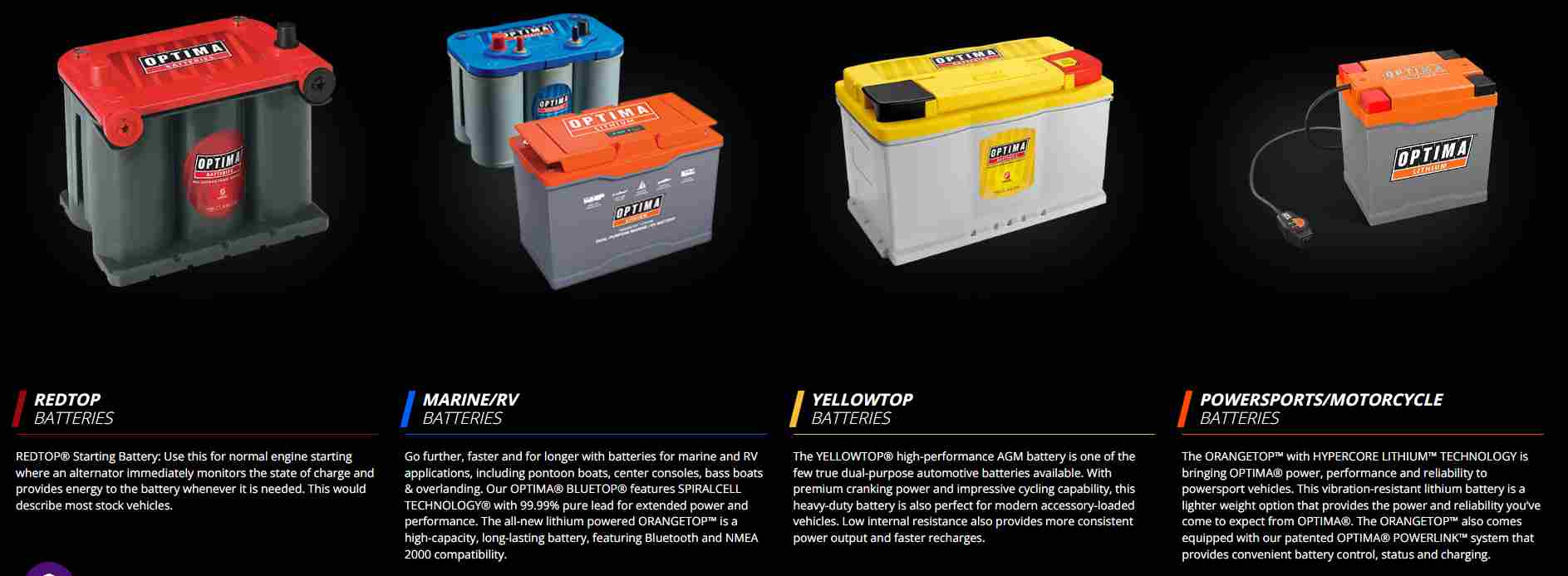 The product lineup of Optima RedTop, YellowTop, and BlueTop batteries.
