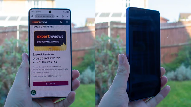 A comparison showing the Galaxy S26 Ultra screen appearing dark from a side viewing angle.