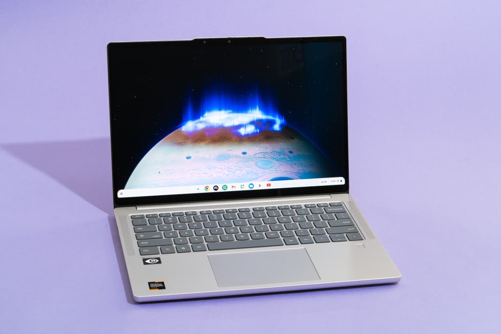 Lenovo Chromebook Plus 14 featuring a vibrant OLED screen.