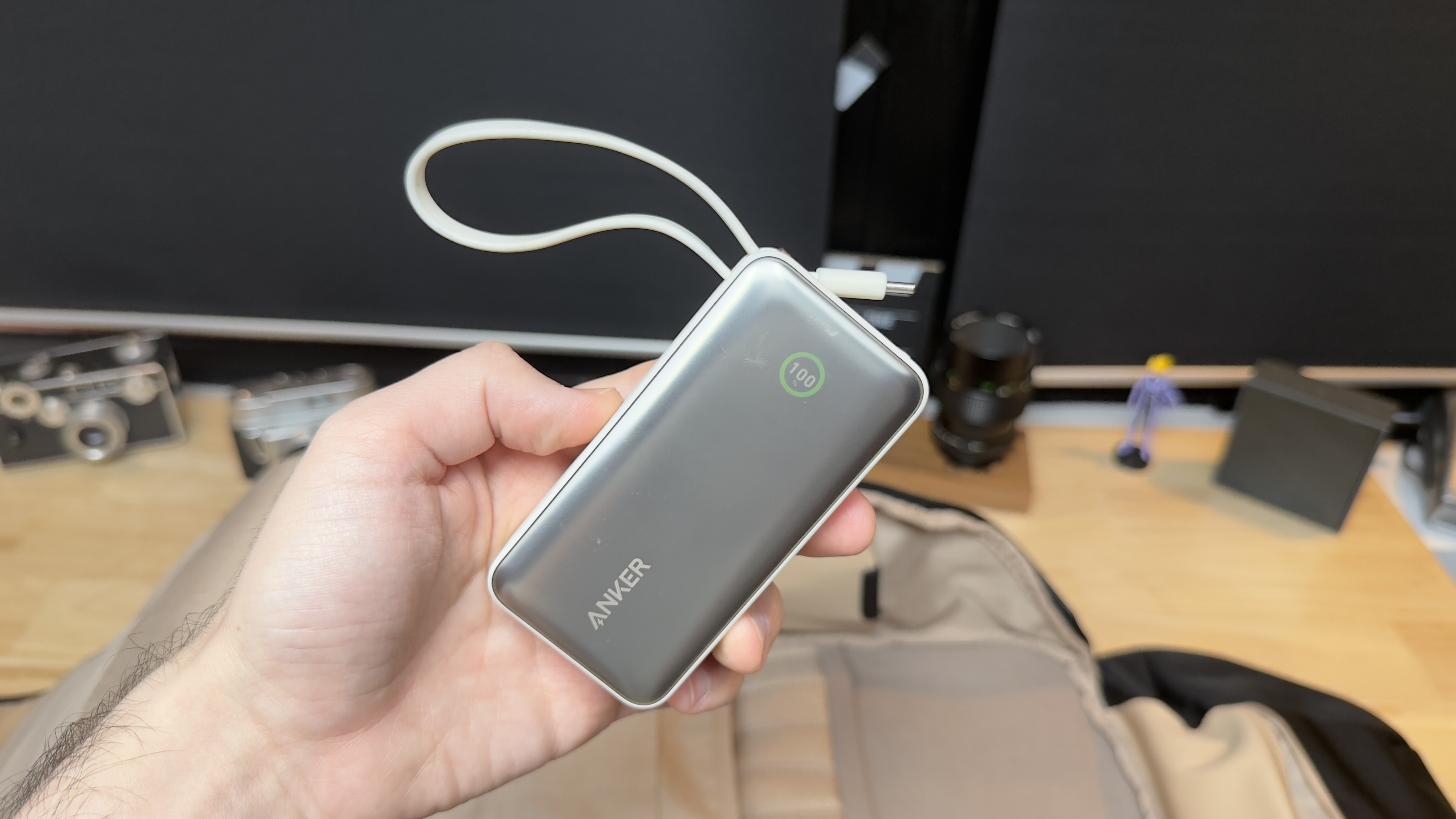 An Anker Nano Power Bank with an integrated USB-C connector.