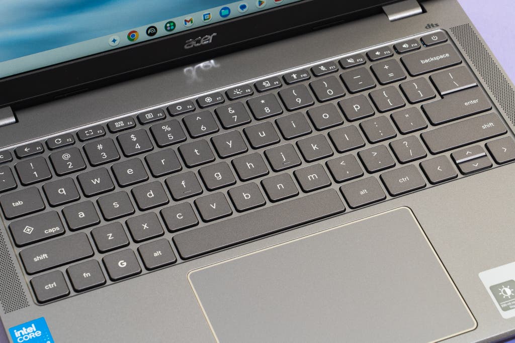 Detailed close-up of the backlit keyboard on an Acer Chromebook Plus 514.