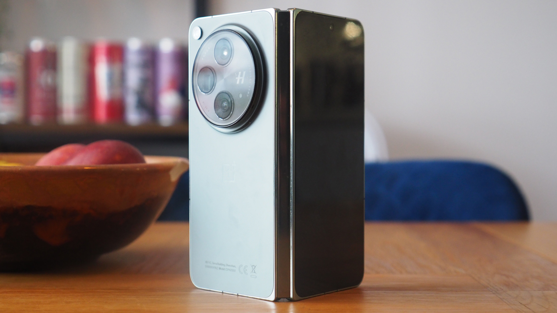 The OnePlus Open foldable phone unfolded to show its main screen.