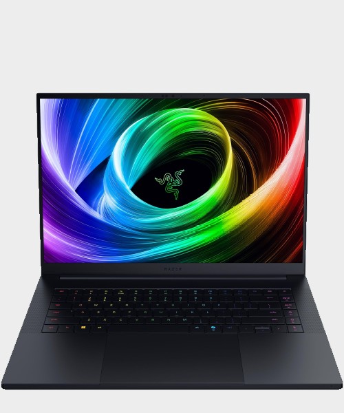 Razer Blade 16 gaming laptop showcasing its thin profile and minimalist design.