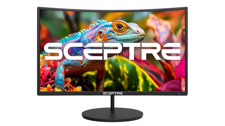 The Scepter 27-inch curved gaming monitor displaying a bright chameleon image.