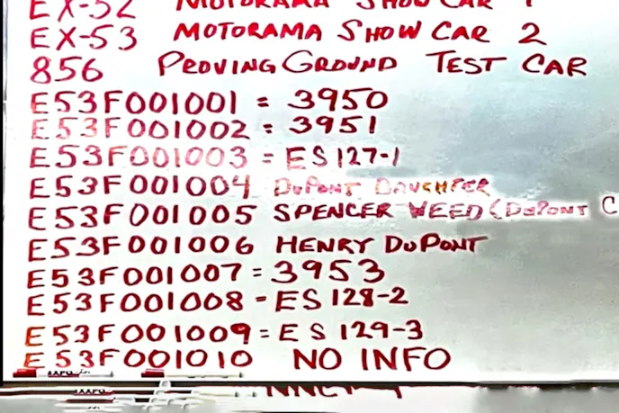 Close-up of the serial number and identification markings on the 1953 Corvette chassis.
